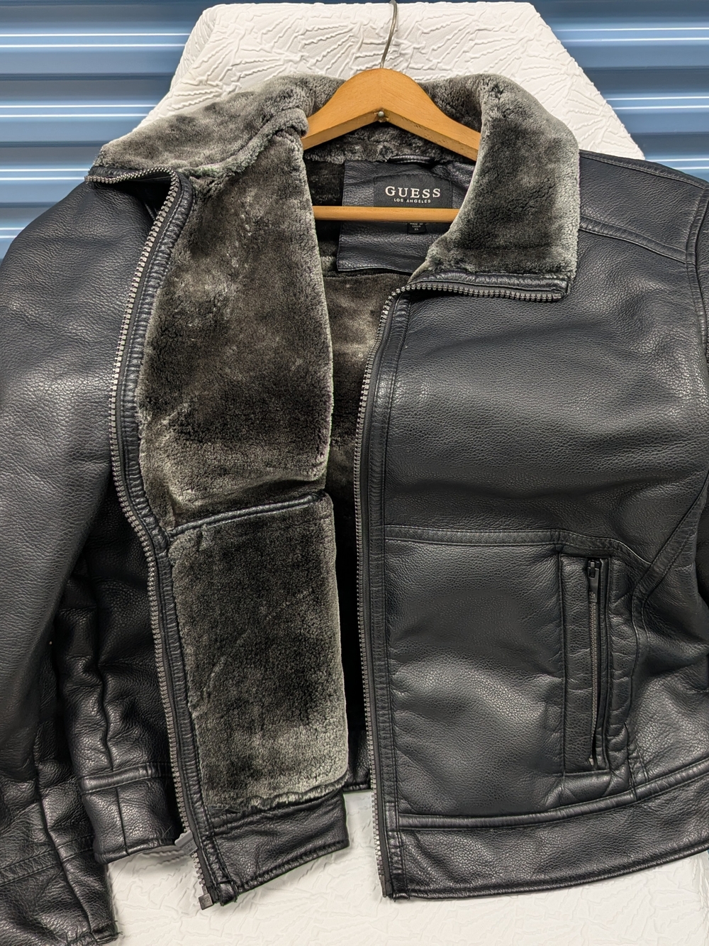 GUESS Black Leather Jacket with Gray Faux Fur Lining